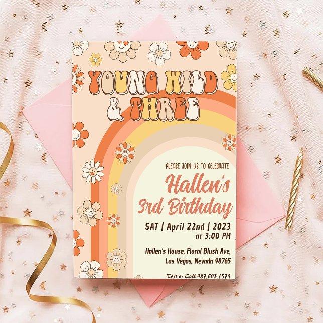 Groovy Young Wild & Three Rainbow 3rd Birthday Invitation (Creator Uploaded)