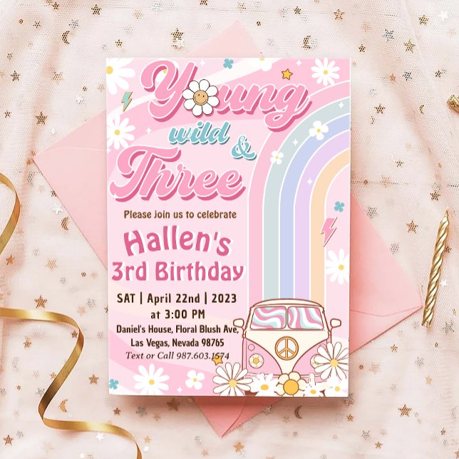 Groovy Young Wild & Three Rainbow 3rd Birthday Invitation (Creator Uploaded)