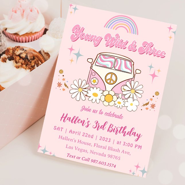 Groovy Young Wild & Three Rainbow 3rd Birthday  Invitation (Creator Uploaded)