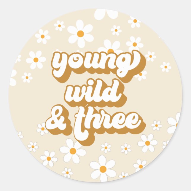 Groovy Young Wild Three Retro Daisy 3rd Birthday Classic Round Sticker (Front)