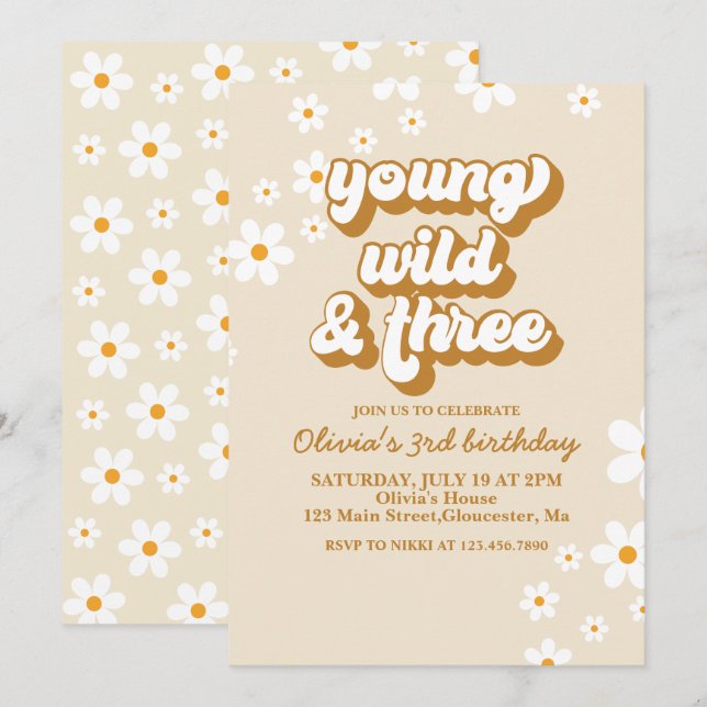 Groovy Young Wild Three Retro Daisy 3rd Birthday Invitation (Front/Back)