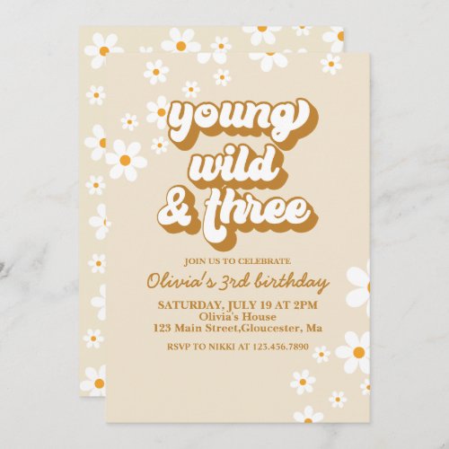 Groovy Young Wild Three Retro Daisy 3rd Birthday Invitation