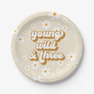 Groovy Young Wild Three Retro Daisy 3rd Birthday Paper Plates