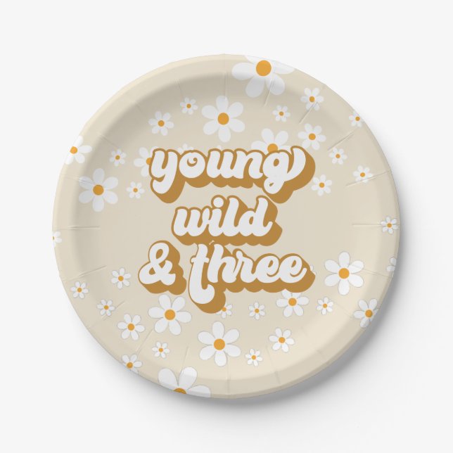Groovy Young Wild Three Retro Daisy 3rd Birthday Paper Plates (Front)
