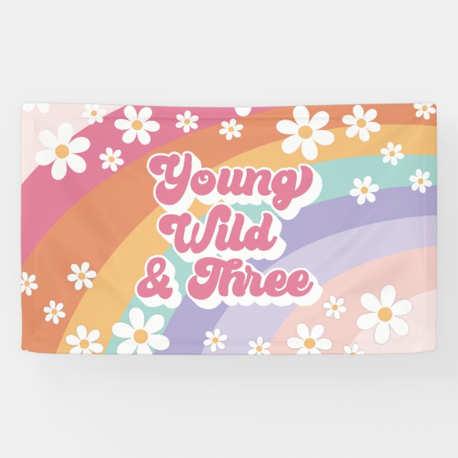 Groovy Young Wild Three Retro Rainbow 3rd Birthday Banner (Horizontal)