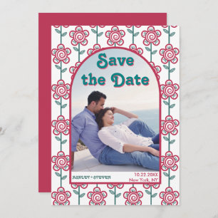 Groovymagenta and teal flowers 70s inspired photo save the date