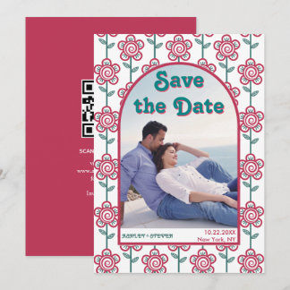 Groovymagenta and teal flowers 70s inspired photo save the date