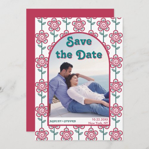 Groovymagenta and teal flowers 70s inspired photo save the date