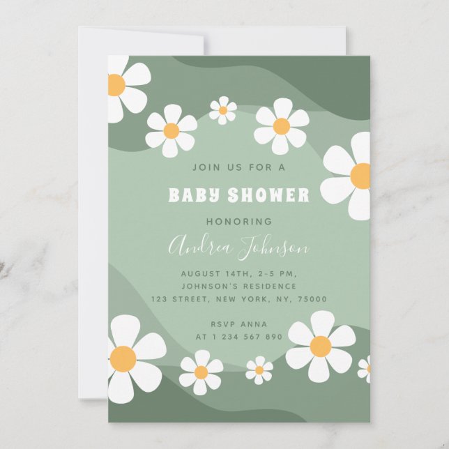 GroovySage Green Retro Boho Daisy Baby Shower Invitation (Front)