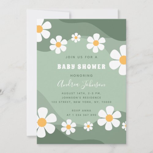 GroovySage Green Retro Boho Daisy Baby Shower Invitation