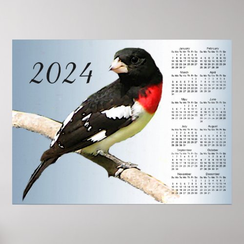 Grosbeak Bird 2024 Animal Nature Calendar Poster