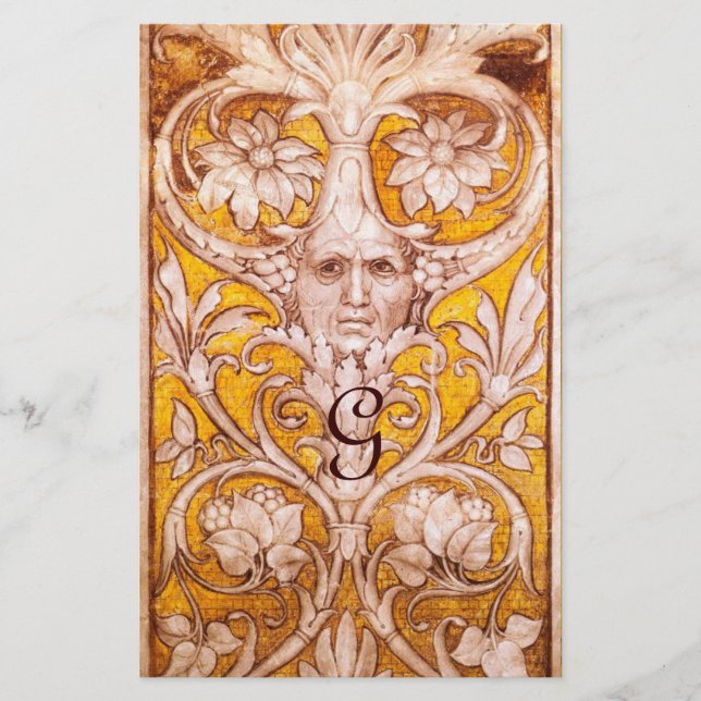 GROTESQUE FACE WITH GOLD FLORAL PARCHMENT MONOGRAM STATIONERY (Front)