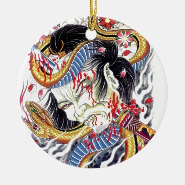 Grotesque & Snake Tattoo Design Ceramic Ornament (Front)