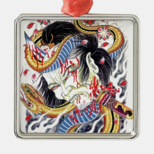 Grotesque & Snake Tattoo Design Metal Ornament