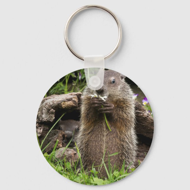 Ground Hog Munching on a Flower Keychain (Front)
