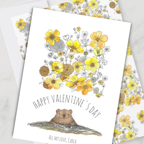 Groundhog and Buttercups Valentines Day Holiday Card