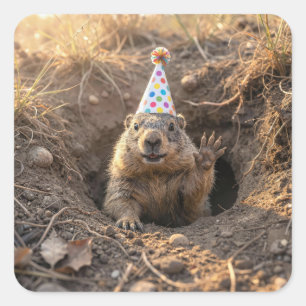 Groundhog Birthday Party Hat Square Sticker