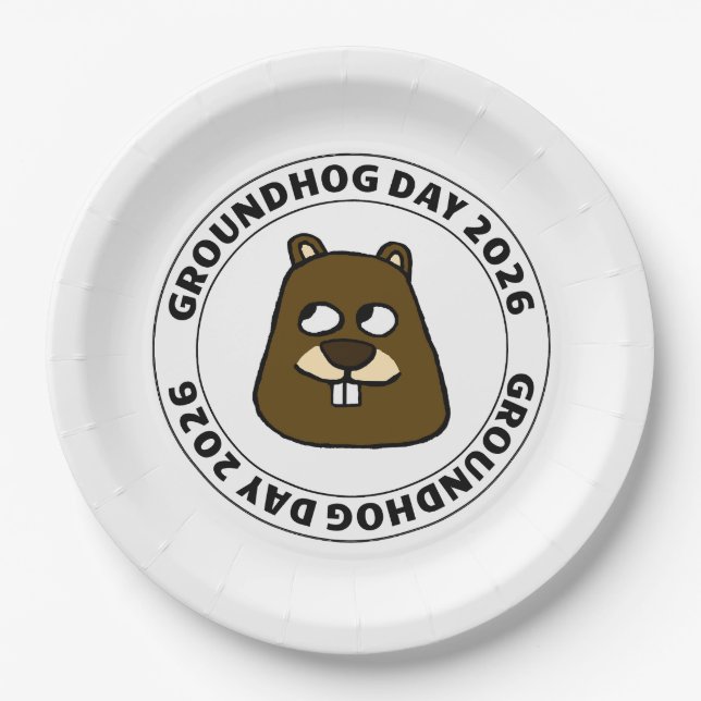 Groundhog Day 2026 with Groundhog face Paper Plates (Front)