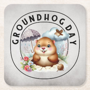 Groundhog day 22 February Square Paper Coaster