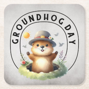 Groundhog day 22 February Square Paper Coaster