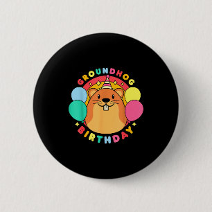 Groundhog Day Birthday Party Hat Balloons Retro 60 Button