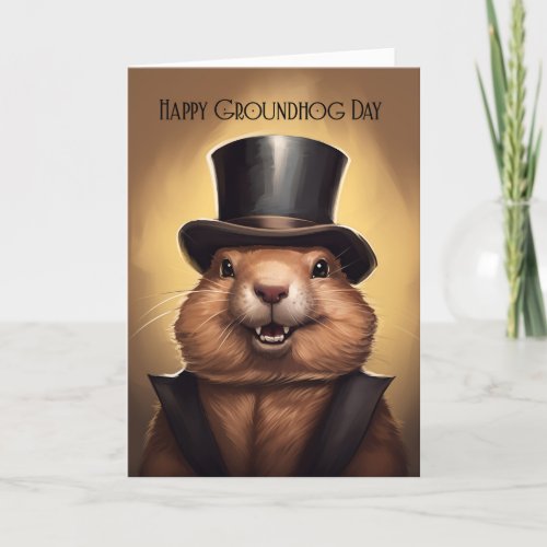 Groundhog Day Greeting Card With Cute Groundhog wi