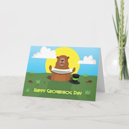 Groundhog day greeting card with groundhog holding