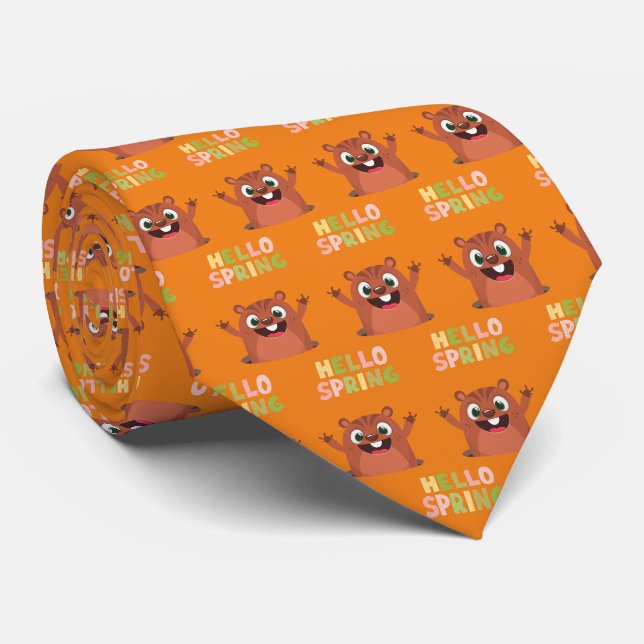Groundhog Day Hello Spring Funny Orange Neck Tie (Rolled)