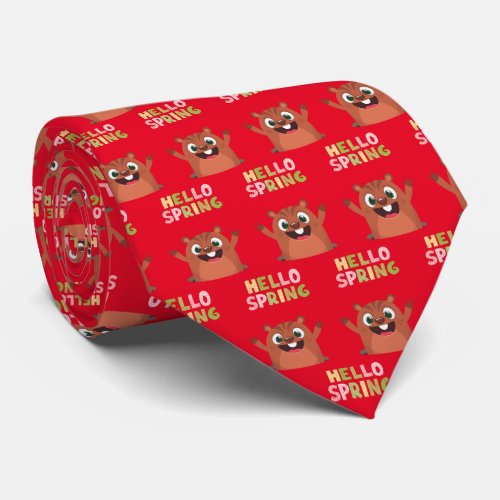 Groundhog Day Hello Spring Funny Red Neck Tie