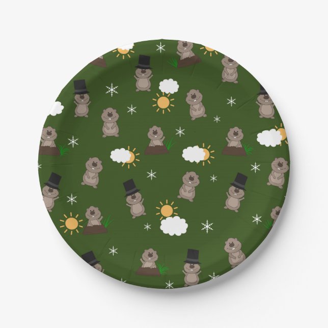 Groundhog Day Pattern Paper Plates (Front)