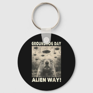 Groundhog Day Ufo Retro Graphic Vintage Alien Enco Keychain