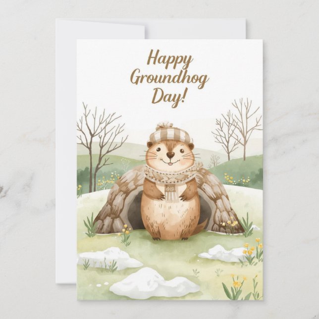 Groundhog day watercolor holiday card (Front)