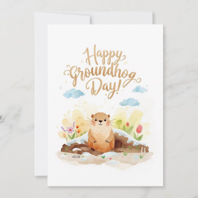 Groundhog day watercolor holiday card (Front)