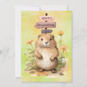 Groundhog day watercolor holiday card