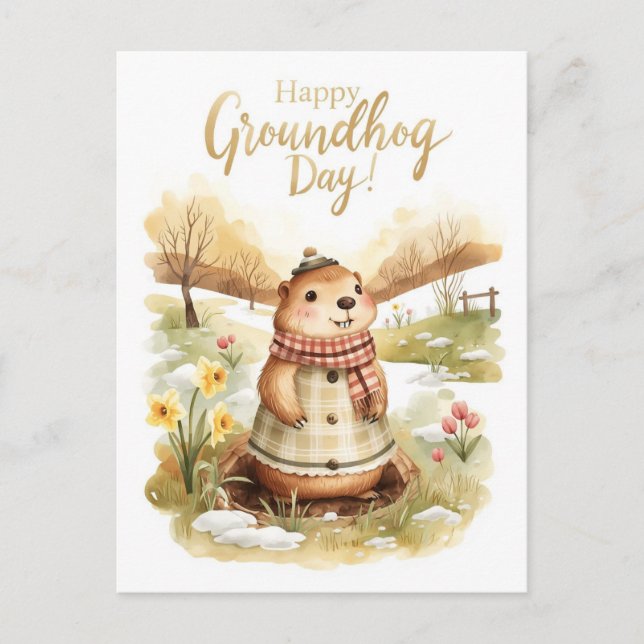 Groundhog day watercolor holiday postcard (Front)