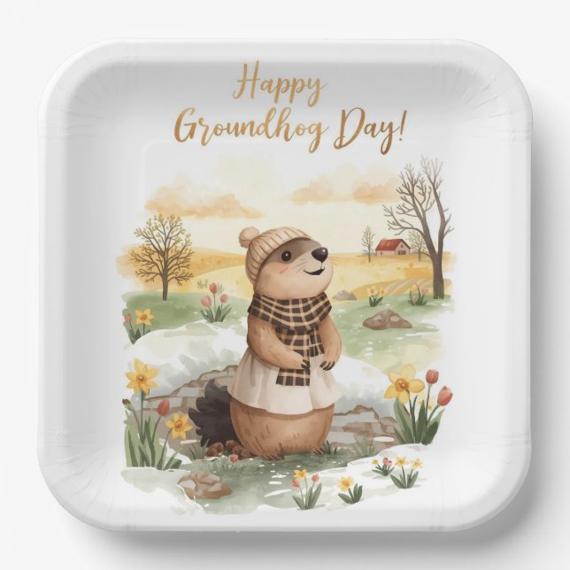 Groundhog day watercolor paper plates (Front)