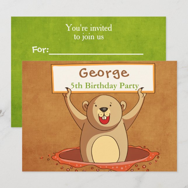 Groundhog Holding Sign Fifth Birthday Party Invitation (Front/Back)
