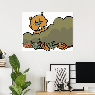Groundhog Peeking Through Autumn Bushes Poster