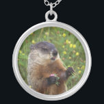 Groundhog Pose Silver Plated Necklace<br><div class="desc">Celebrate the end of winter with this cute little groundhog in yellow wildflowers.</div>