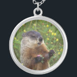 Groundhog Pose Silver Plated Necklace<br><div class="desc">Celebrate the end of winter with this cute little groundhog in yellow wildflowers.</div>