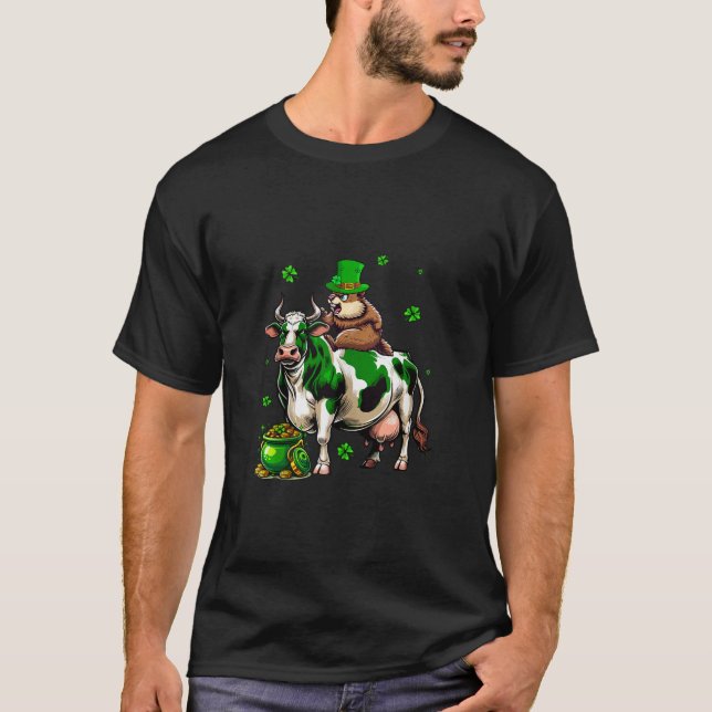 Groundhog Riding Cow Clovers Lucky Patrick s Day C T-Shirt (Front)