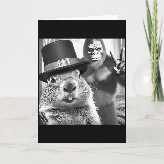 Groundhog Taking Selfie With Bigfoot Funny Groundh Card (Front)