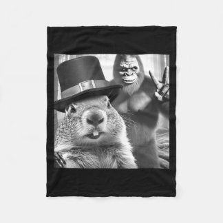 Groundhog Taking Selfie With Bigfoot Funny Groundh Fleece Blanket