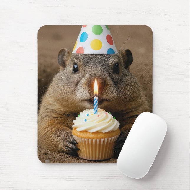 Groundhog With a Birthday Cupcake Mouse Pad (With Mouse)