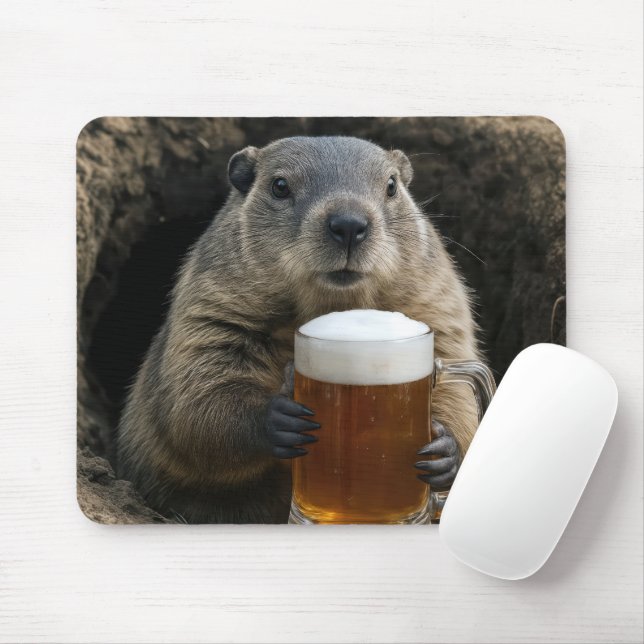 Groundhog With Mug of Beer Mouse Pad (With Mouse)