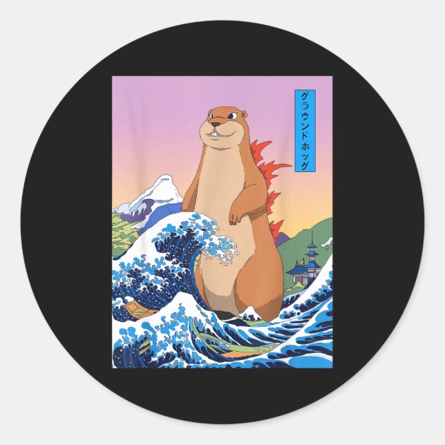 Groundhogzilla Funny Japanese Great Wave Anime Gro Classic Round Sticker (Front)