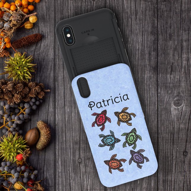 Group Abstract Black Turtles colourful shells Uncommon iPhone Case (Group abstract black turtles colourful shells on light blue iPhone wallet case.)
