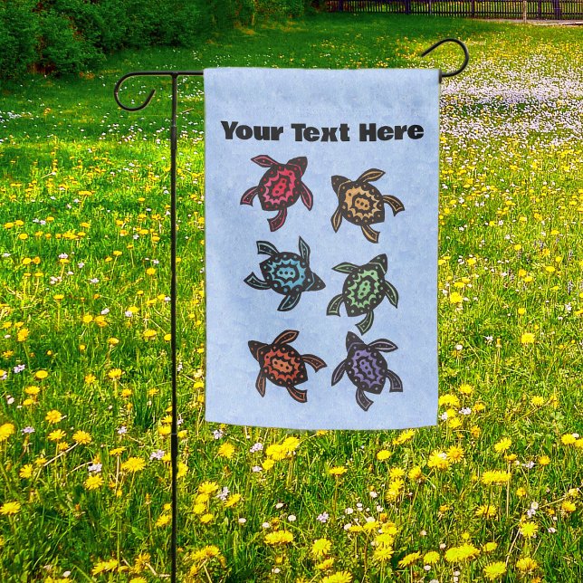 Group Abstract Turtles Different Coloured Shells Garden Flag (Group six abstract turtles with different colour shells on light blue yard flag decorations.)