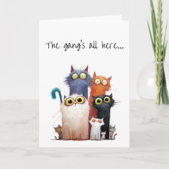 Group Birthday with Big Eye Quirky Cats Greeting Card (Front)
