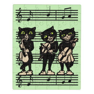 Group Black Cat Musicians Playing Instruments Jigsaw Puzzle